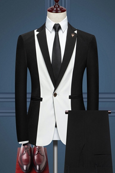 Men Basic Set Contrast Color Pocket Detail One Button Pants Suit Set (Not Included Tie and Shoes)