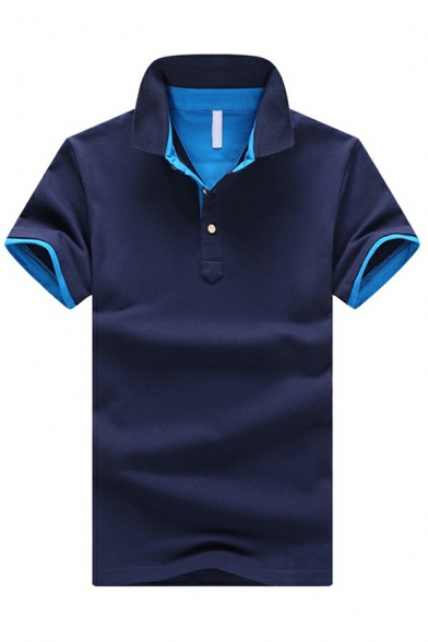 Men Classic Polo Shirt Color Block Spread Collar Button-up Regular Short Sleeve Polo Shirt