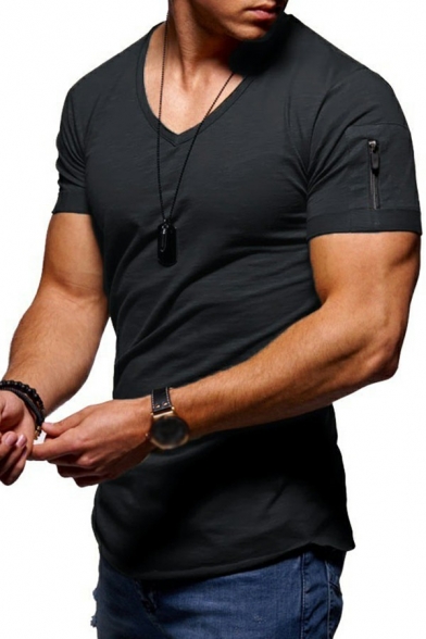 Men Sporty T-Shirt Solid Color V Neck Short Sleeves Slimming Zipper Detail T-Shirt