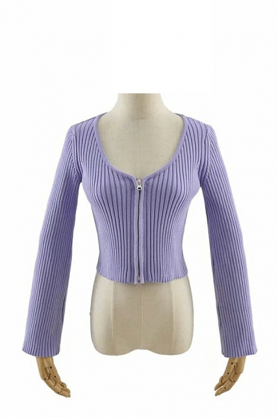 Trendy Women's Crop Knit Top Plain Zipper Closure Long Sleeve V Neck Kint Top