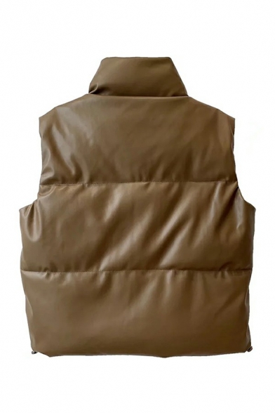Urban Women Vest Solid Color PU Leather Zip Pockets Stand Collar Vest