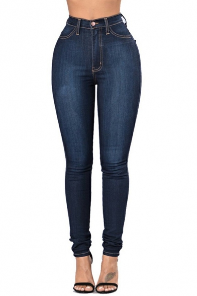 Vintage Solid Color Jeans High Rise Pocket Detail Zip Placket Jeans for Women
