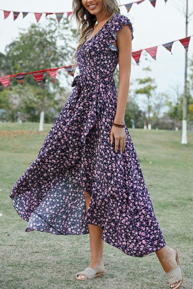 Women Fashionable Dress Floral Pattern V-neck Cap Sleeve Split Side High Low Dress