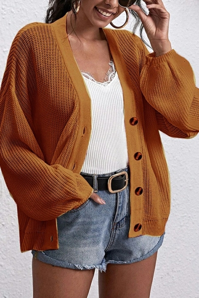 Women Popular Cardigan Plain Long Sleeve Button Closure Fitted Knit Cardigan