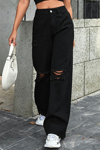 Women Street Style Flared Jeans Plain Long Length Zip Distressed High Waist Jeans