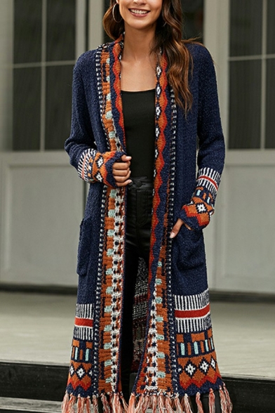 Women Trendy Cardigan Tribal Printed Long Sleeve Open Front Fitted Knit Cardigan