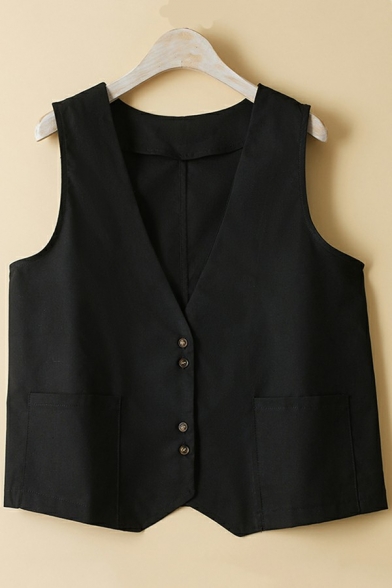Women Vintage Vest Whole Colored Button Placket Front Pocket Deep V-Neck Vest