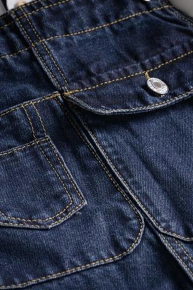 Boyish Blue Denim Overalls Plain Pocket Detail Denim Overalls for Men