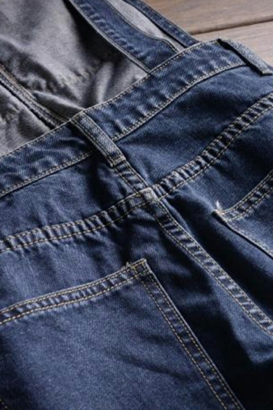 Boyish Blue Denim Overalls Plain Pocket Detail Denim Overalls for Men