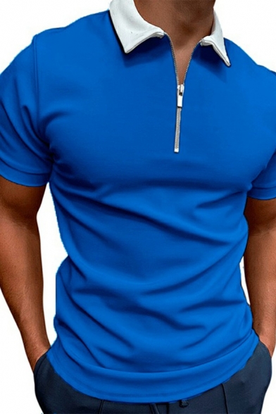 Classic Polo Shirt Contrast Collar Short-sleeved Zip detail Polo Shirt for Men