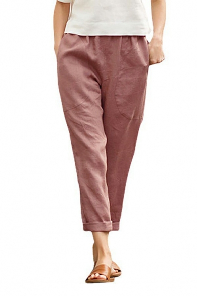 Daily Plain Pants Mid Rise Pocket Detail Elastic Waist Straight Fit Pants for Women