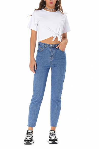 Daily Solid Color Jeans High Rise Pocket Detail Zip Placket Jeans for Women