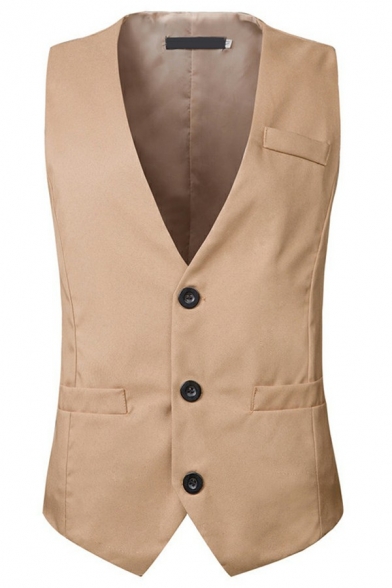 Daily Suit Vest Plain V-Neck Button Closure Pocket Detail Suit Vest for Guys