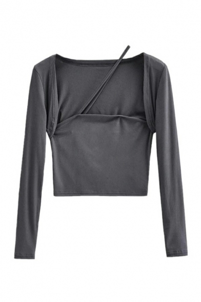 Fashionable Women's Knit Top Plain Long Sleeve Asymmetric Neck Kint Top