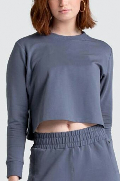 Ladies Creative Sweatshirt Solid Color Round Neck Loose Cropped Sweatshirt