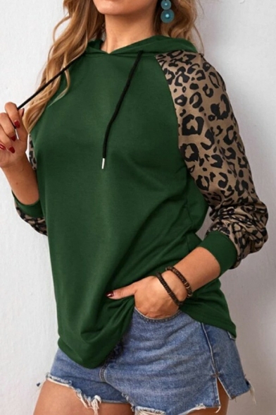 Ladies Girlish Hoodie Contrast Leopard Drawcord Relaxed Hoodie