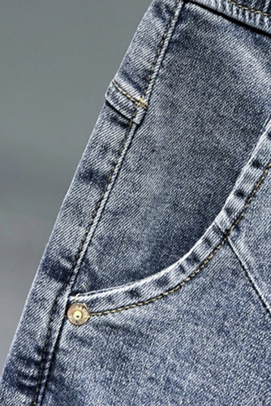 Men Modern Jeans Pure Color Partially Drawstring Waist Denim Pants in Blue