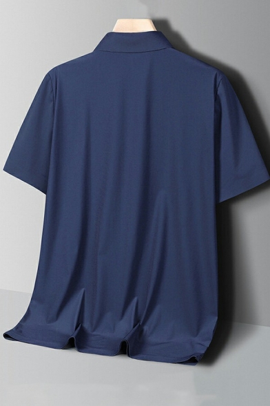 Mens Simple Polo Shirt Pure Color Button-up Short Sleeve Spread Collar Polo Shirt