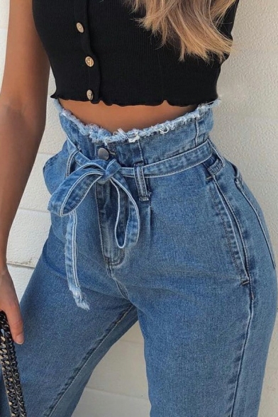Street Look Ladies Jeans Solid Color Belt Burrs Zipper High Waist Ankle Length Jeans
