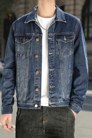 Stylish Denim Jacket Plain Spread Collar Button Closure Pocket Detail Denim Jacket for Men