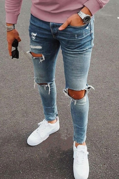 Stylish Jeans Pure Color Broken Hole Mid Rise Slim Fit Zip Placket Jeans for Men