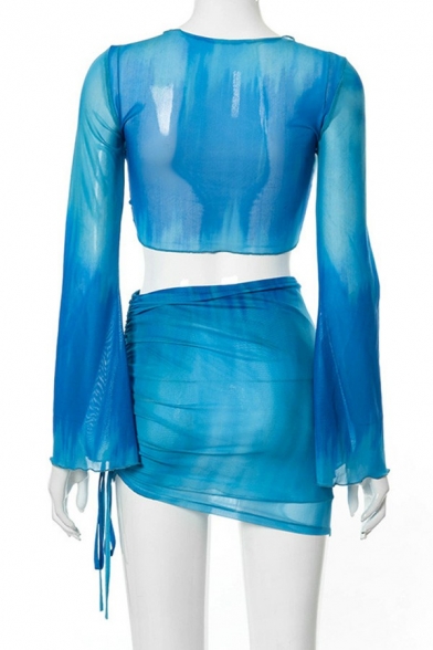 Stylish Ladies Mesh Co-ords Tie Dye Flare Sleeve Crop Shirt & Mini Wrap Skirt Co-ords