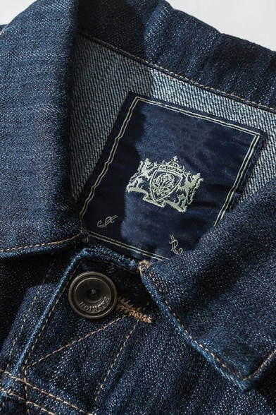 Trendy Guys Blue Denim Jacket Spread Collar Button Closure Pocket Detail Denim Jacket