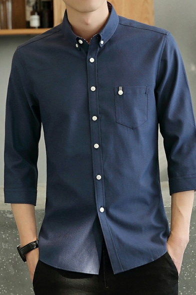Trendy Guys Plain Shirt Turn-down Collar Chest Pocket Button Closure Button Shirt