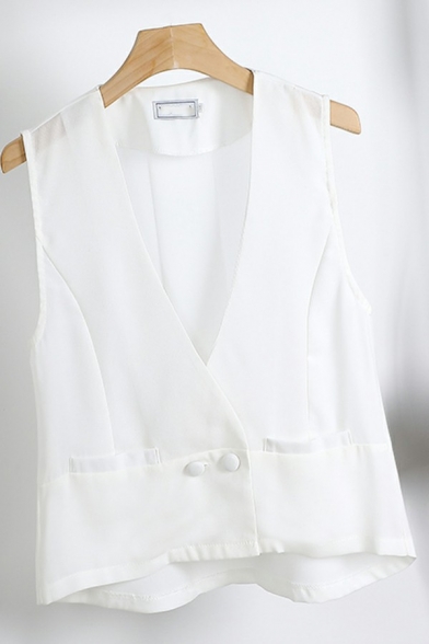Vintage Women's Suit Vest Pure Color Double Buttons Side Pocket Deep V-Neck Chiffon Vest