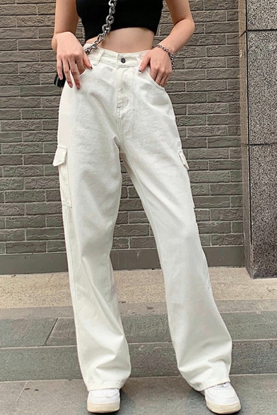 Women's Modern Jeans Solid Color Mid Rise Pocket Detail Zip Placket Jeans