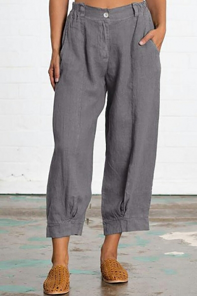 Basic Plain Pants Mid Rise Button Placket Pocket Detail Straight Fit Pants for Women