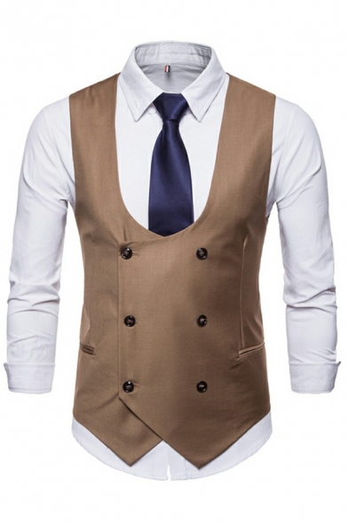 Classic Vest Plain U-Neck Pocket Detail Double Breasted Suit Vest for Men