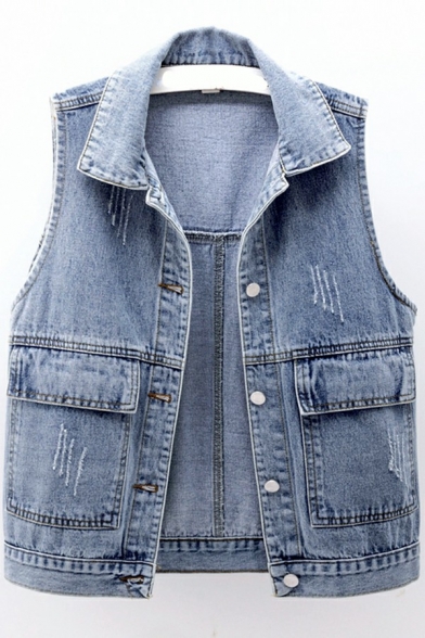 Formal Vest Solid Spread Collar Flap Pocket Distressed Button Front Denim Vest for Ladies