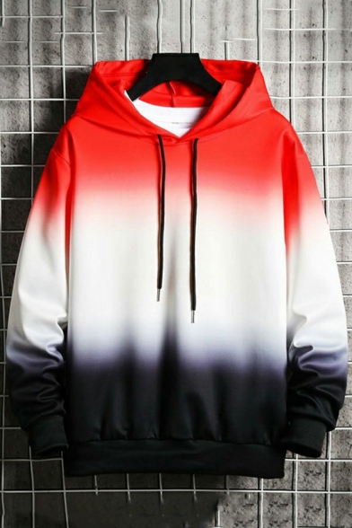 Guys Comfortable Drawstring Hoodie Ombre Print Rib Cuffs Loose Fit Hoodie