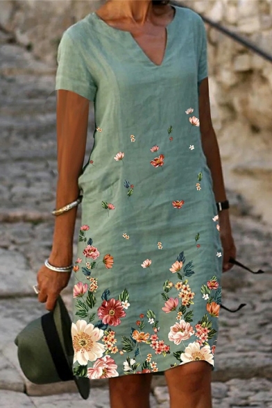Holiday Dress Floral Printed Short Sleeve V-neck Mid-length Regular Fit Swing Dress