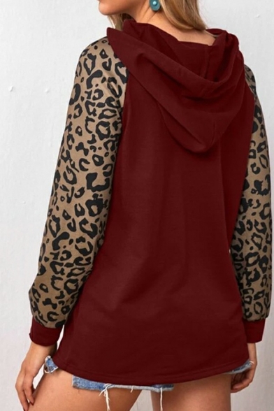 Ladies Girlish Hoodie Contrast Leopard Drawcord Relaxed Hoodie