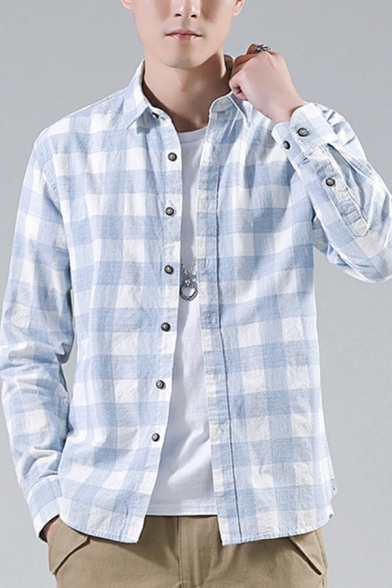 Men Classic Shirt Plaid Print Turn-down Collar Button down Long Sleeves Shirt