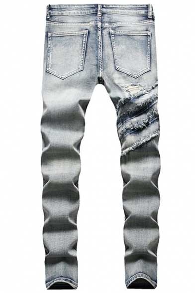 Men Daily Jeans Plain Zip Placket Distressed Pocket Detail Denim Pants