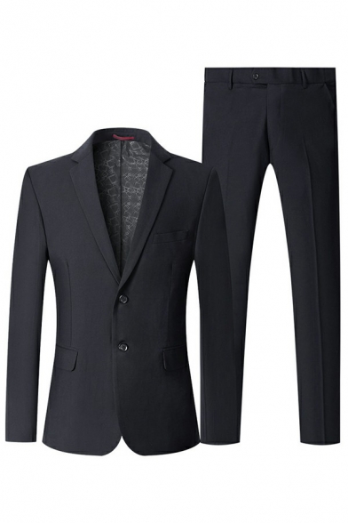 Men Vintage Suit Set Plain Lapel Collar Button Closure Jacket Side Pocket Pants Suit Set