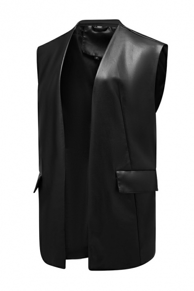 Modern Women Vest Pure Color PU Leather Open Front Pockets Detail Vest