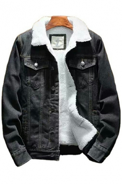 Novelty Guys Fleece Jacket Plain Pocket Detail Spread Collar Button-up Denim Jacket