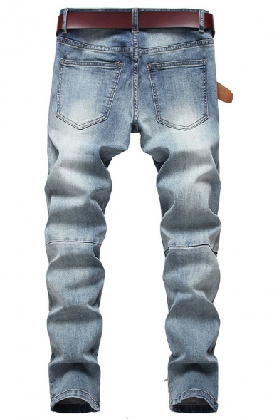 Popular Mens Plain Jeans Knee Hole Design Pocket Detail Zipper Placket Jeans