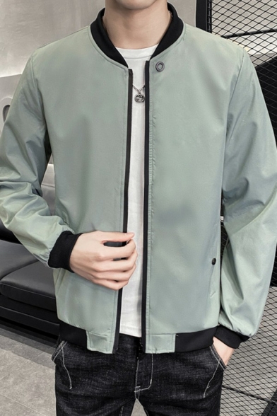 Street Look Guys Jacket Contrast Color Pocket Stand Collar Long Sleeve Zip Baseball Jacket