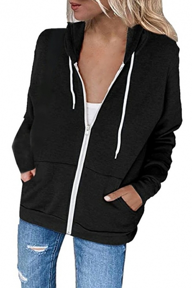 Unique Hoodie Pure Color Drawstring Zip Fly Side Pocket Hoodie for Women