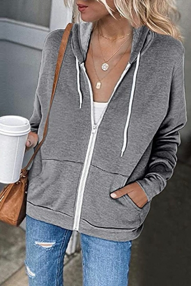 Unique Hoodie Pure Color Drawstring Zip Fly Side Pocket Hoodie for Women