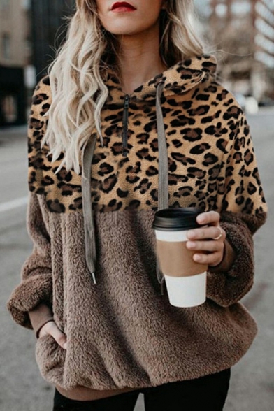Urban Women Drawstring Hoodie Leopard Print Rib Cuffs Zip Detail Regular Fit Hoodie