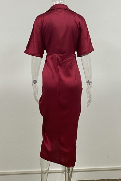 Women Fashionable Dress Plain Turn-down Collar Half Sleeve Maxi Dress