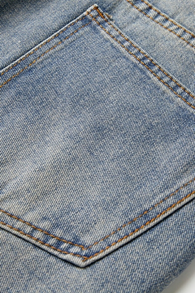 Casual Mens Blue Jeans Medium Wash Pocket Detail Zipper Placket Full Length Jeans