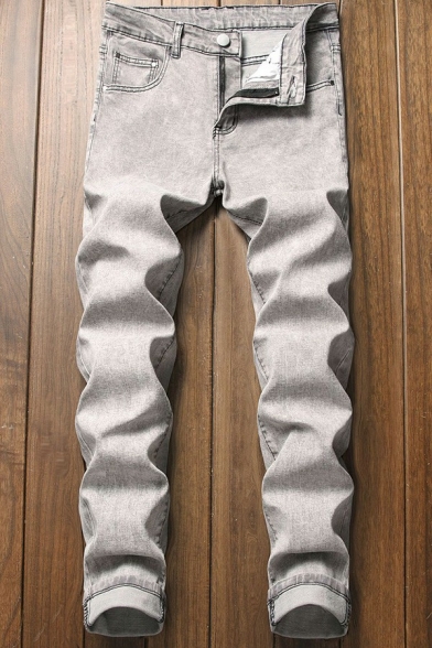 Casual Mens Jeans Pure Color Medium Wash Zipper Placket Full Length Jeans