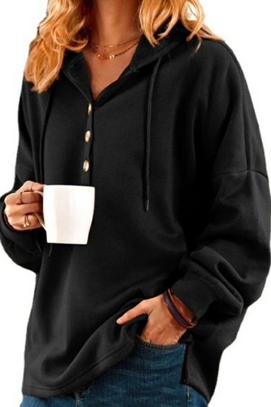 Cozy Hoodie Solid Color Ribbed Cuffs 1/4 Button Drawcord Hoodie for Ladies